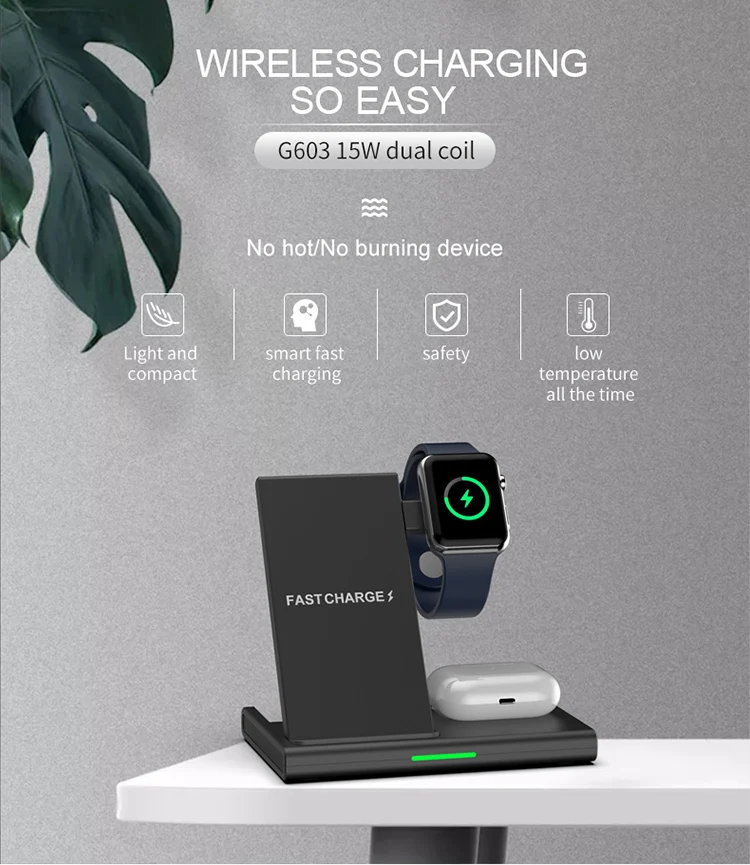 Fast Wireless Charging Pad Modern Qi 15w 3 in 1 for Samsung Iphone Smart Watch Earphone Charger