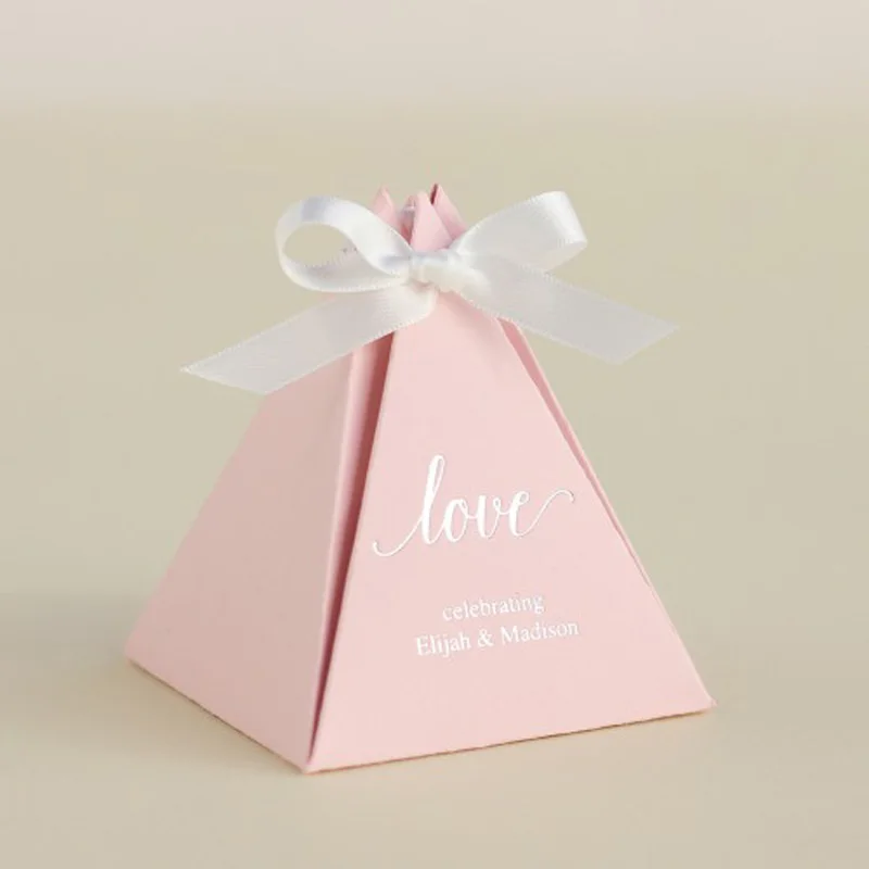 Custom Gold Foil Pyramid Wedding Favors Candy Box Baby Shower Chocolate Paper gift Box with Ribbon Packaging Small Boxes