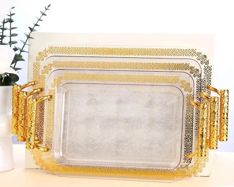 3-Piece Set Gold Borders Tray Square Luxury Arabic Tray for Tea Food Dessert Chocolate Serving Decorative Trays Home Decor