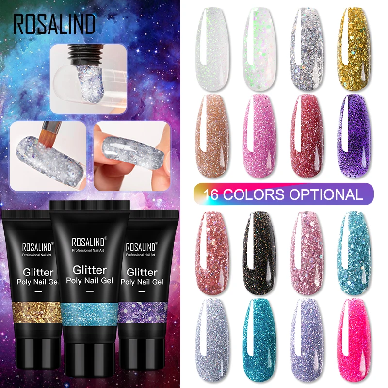 Rosalind oem your logo organic disco party glitter hard nail extensions glue wholesale extend poly nailpolish uv lamp gel polish