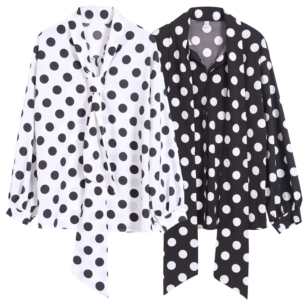 
plus size shirts Loose lace up Polka Dot long sleeve summer blouse wholesale womens clothing 