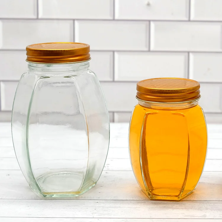 Ergo Chutney Hexagonal Square Round Honey Glass Container Bottle Jars Mini Large Jar With Dipper Bottle Jam Jelly Food