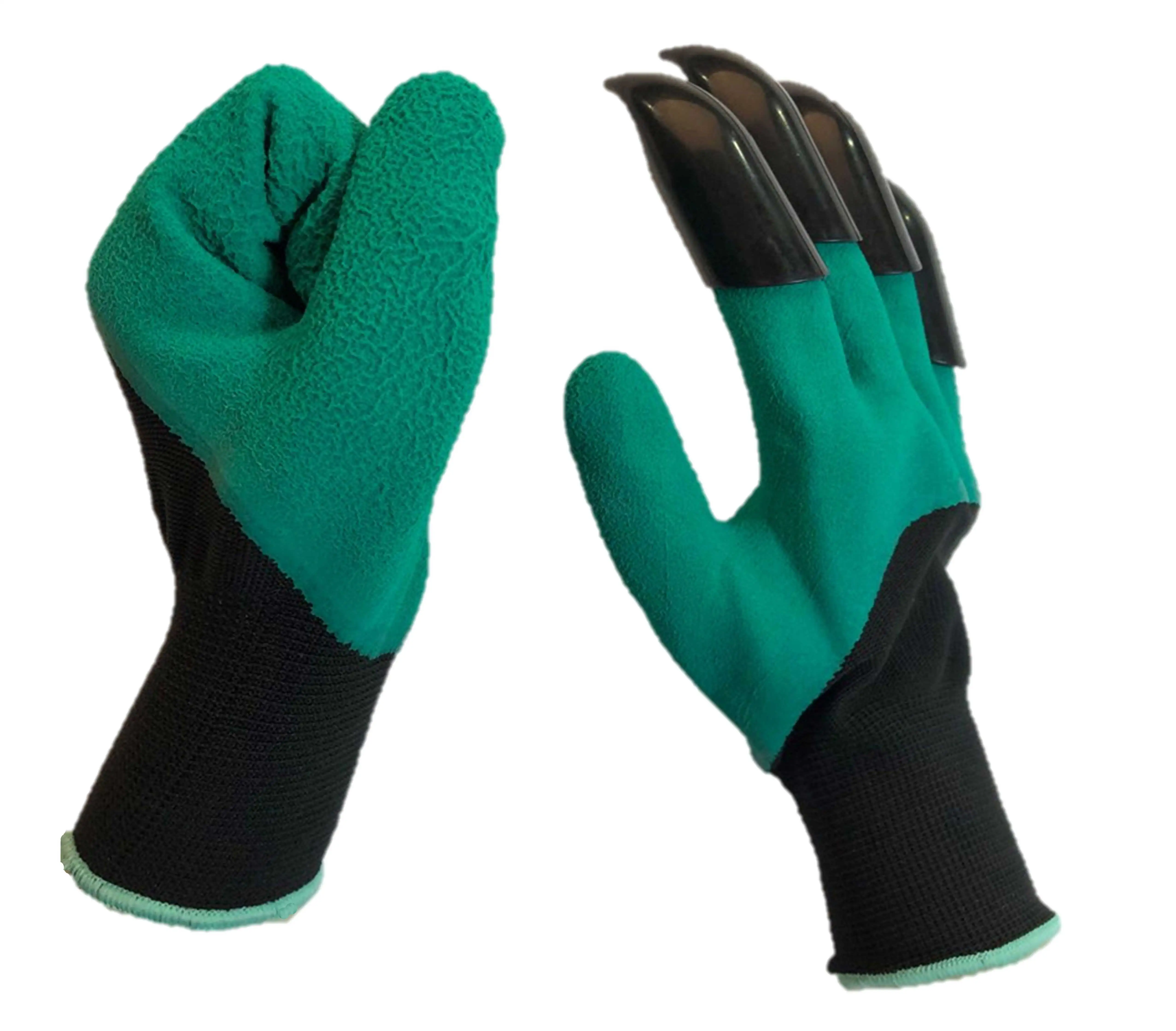 Labor Saving Clever Garden Polyester Back Latex Dipped Palm Gloves Fingers with 4 Claws