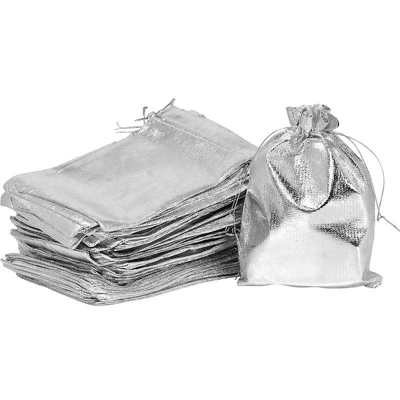 Premium Ready To Ship 50Pcs For One Pack 13*18Cm Wedding Party Baby Shower Drawstring Bags Metallic Silver Gift Bags