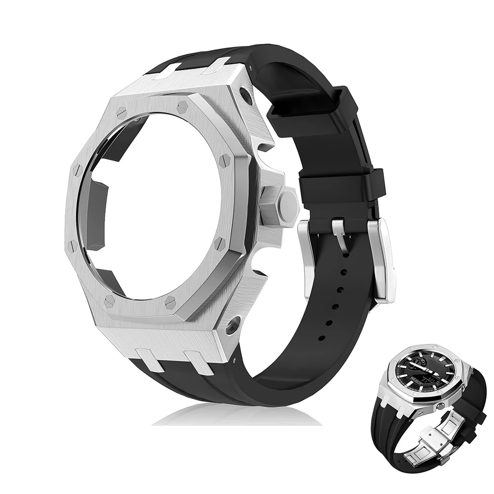 Coolyep ga 2100 ga2100 gshock g shock mod kit silicone watch band strap with 316 stainless steel case