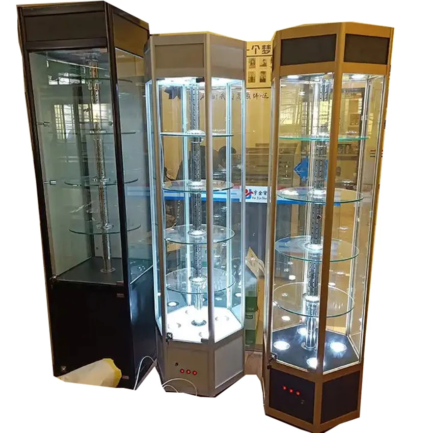 2023 rotating glass door display cabinet with customized size glass cabinet with lighting for jewelry shop