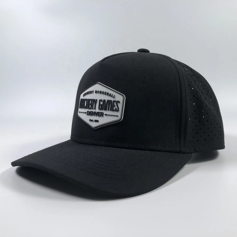 OEM high quality fashion black 5 panel polyester waterproof sport hat custom rubber pvc patch logo laser cut baseball cap