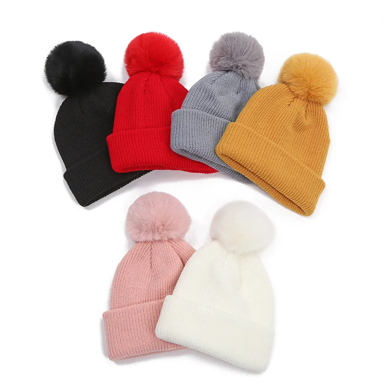 Baby Knitted Winter Hat Boys Girls Pompom Cap Crochet Knitted Candy Color Toddler Beanie Cap Infant Kids Children Hairball Hats