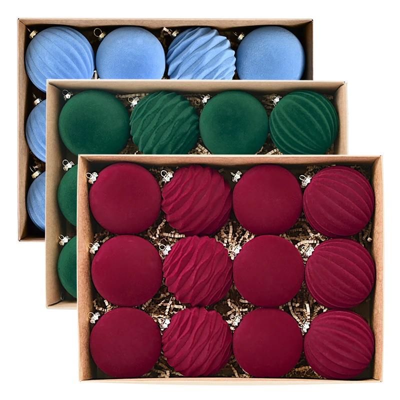 Hot Sale Flocking Plastic Christmas Ball Set 8cm Christmas Bauble Xmas Ball Ornament Set