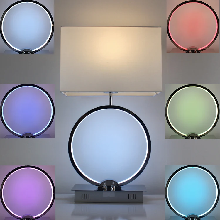 
European aluminum circle bedroom hotel bar restaurant E27 white fabric shade desk lamp RGB table lamp 