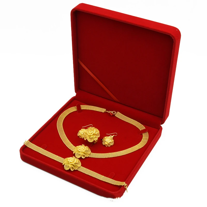Ethiopian African Wedding Bridal Set Flower Necklace Earring Ring Bracelet Dubai 24K Gold Plated Jewelry Sets