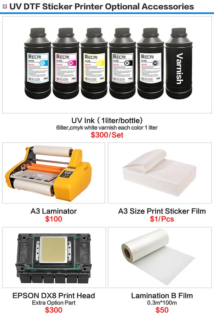 A3 Size RECAI New Product UV DTF Sticker Printer Flatbed Printer with DX8 Heads for Epson