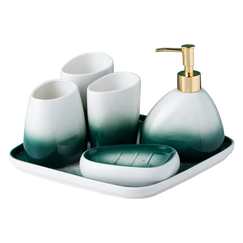 6Pcs Luxury Nordic Green White Ceramic Tray Lotion Pump Bottle Soap Dish Toothbrush Holder Tumbler Bathroom Accessories Set
