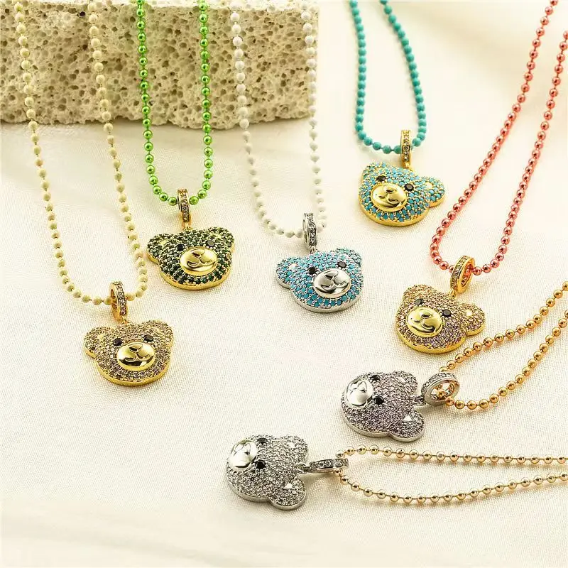 Fashion trendy gold plated bling micro pave rhinestone copper teddy bear pendant ball chain necklaces for women