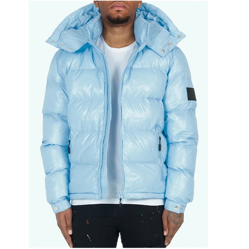 2023 wholesale shiny bubble coats hooded down padded parka custom rubber logo puffer jackets for men