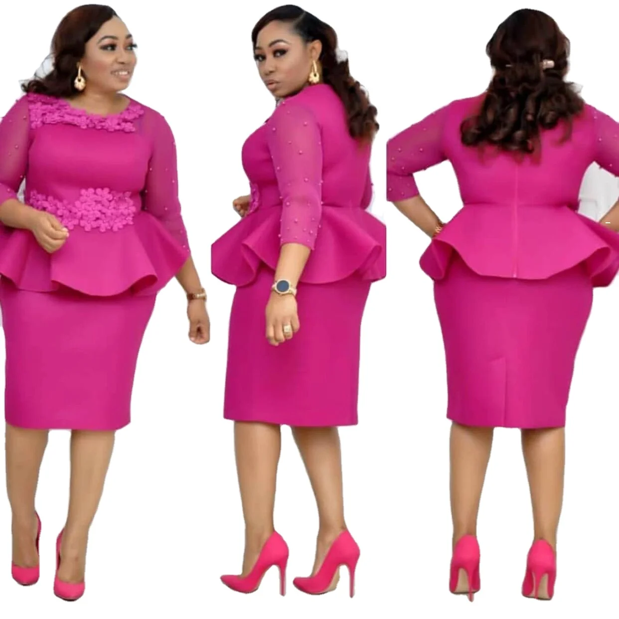 New design African high-quality three-dimensional rose flower decoration stitching mesh gauze beaded sleeve commuter dress