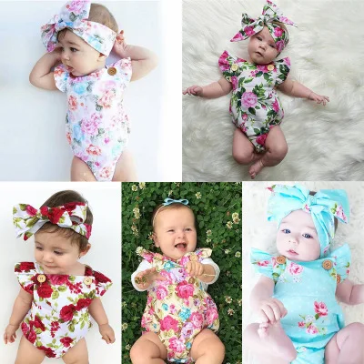 Cute Floral Romper 2pcs Baby Girls Clothes Jumpsuit Romper+Headband 0-24M Age Infant Toddler Newborn Outfits Set Hot Sale
