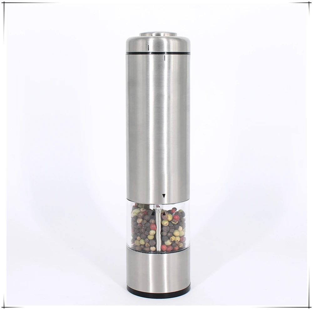 battery operated electric salt and pepper mill grinder with acrylic spice container and stainless steel body