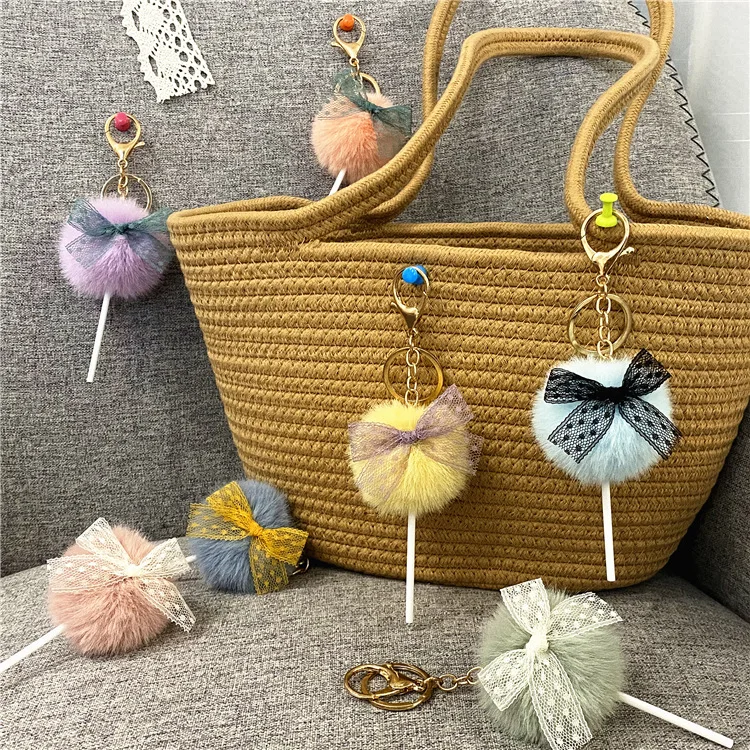 INS Popular Cute Lollipop Bow Pom Pom Ball Keychain Bag Ring