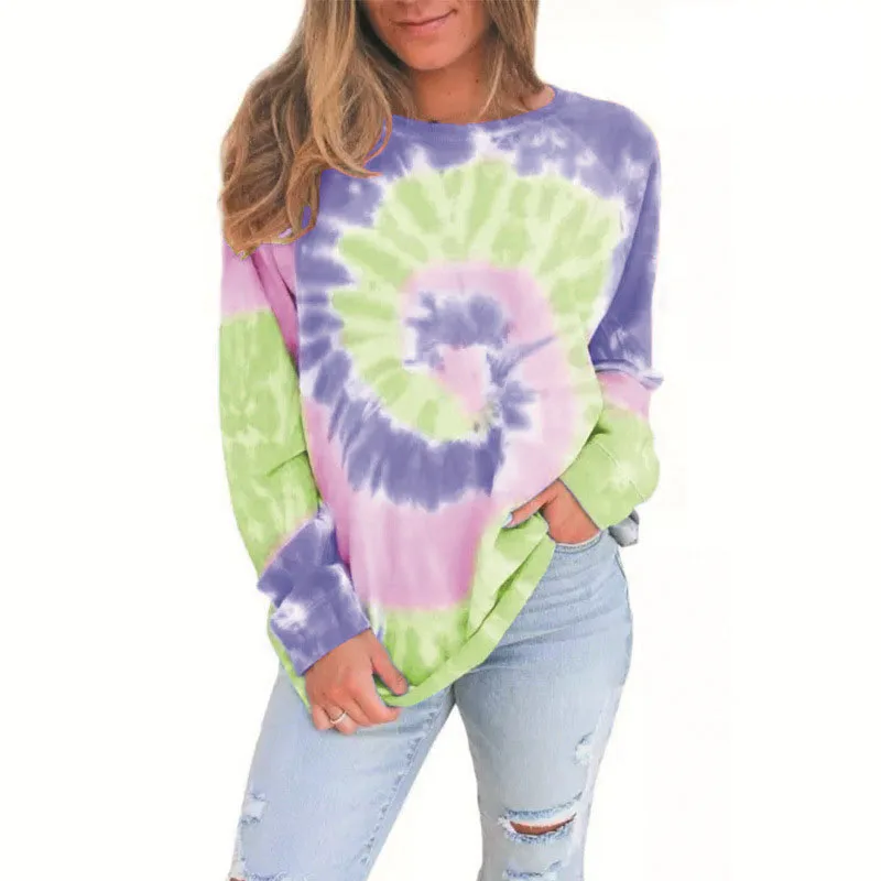 High Quality Long Sleeve Women Hoodie Spring Casual Irregular Round Neck Blouse Womens Tie Dye Sweatshirt
