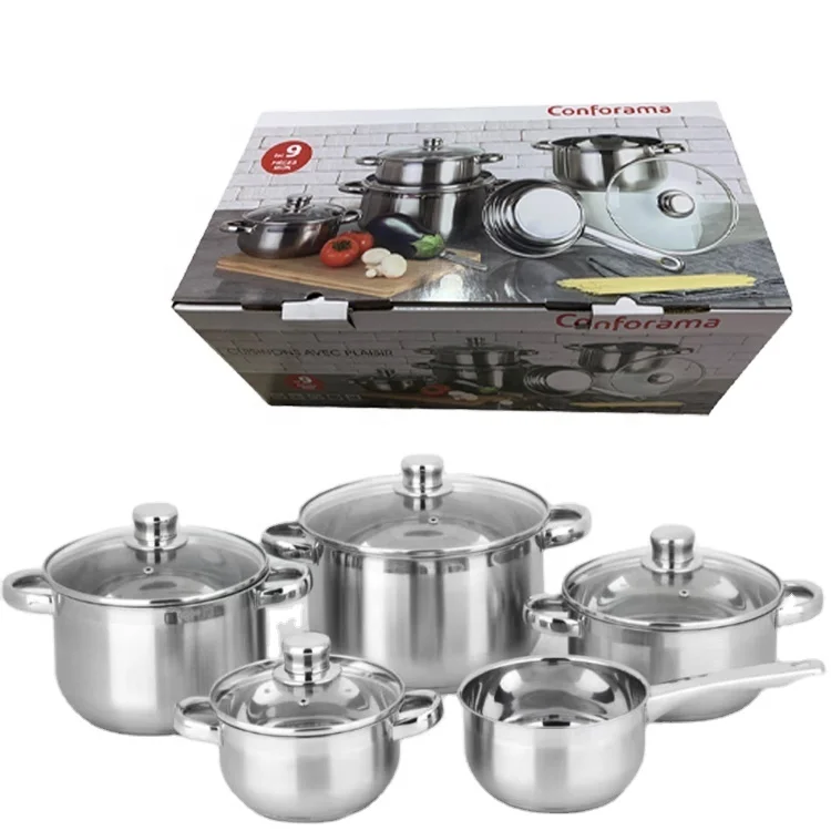 9Pcs stainless steel 430 cookware set induction pot and pan set for home kitchen cooking