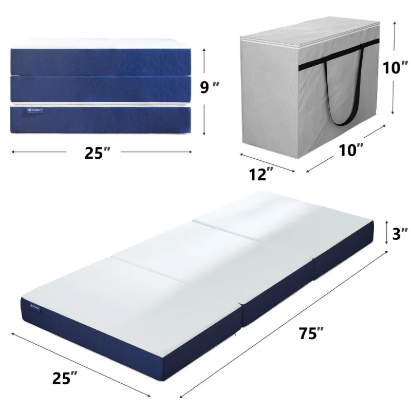 Folding Mattress with Storage Bag, 3 inch Memory Foam Tri Folding Mattress Topper  Multifunctional