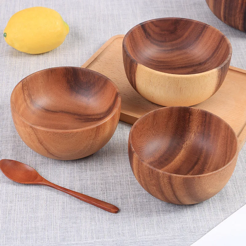 Acacia Kitchen Tableware Teak European Noodle Soup Rice Serving Natural Wholesale Small Mini Salad Set Acacia Wooden Bowl