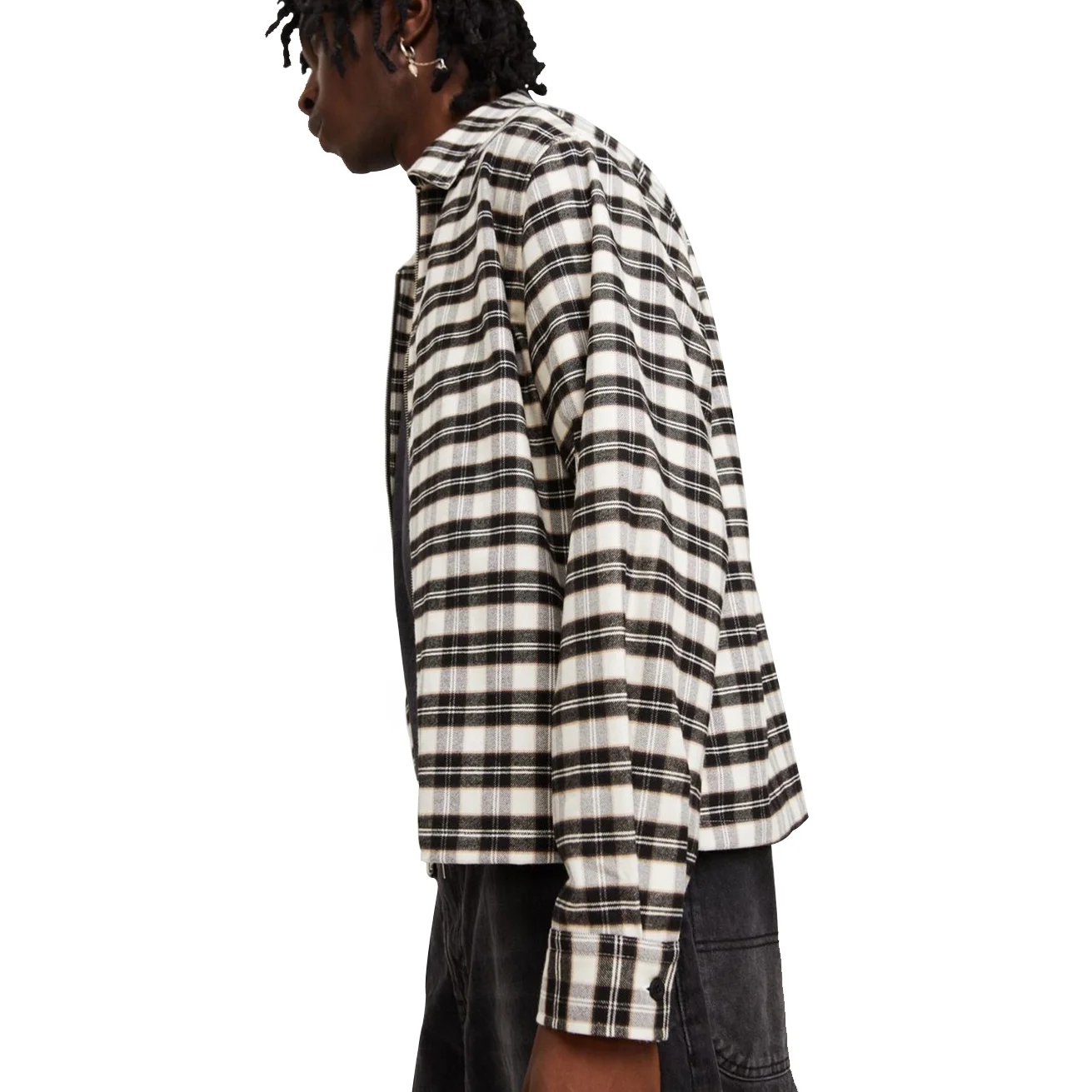 China Factory luxury Flannel plaid Shirts Custom Logo heavyweight  Men Wear zip up Flannel checks shirt for men