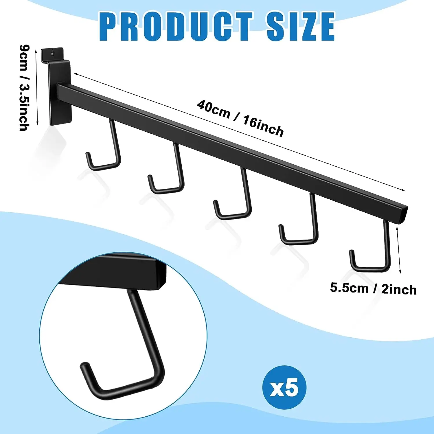 Rectangular Tube Waterfall Slatwall Clothes Hanger Rack Grid Wall Accessories Display with 5 Hooks