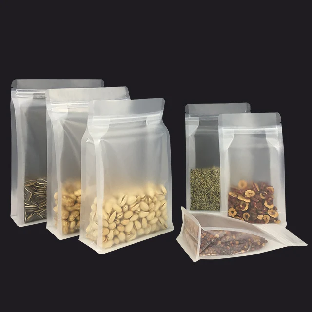 Transparent Stand Up 8 Side Seal Block Bottom Gusset Box Pouch Zipper Plastic Bag for nuts coffee beans