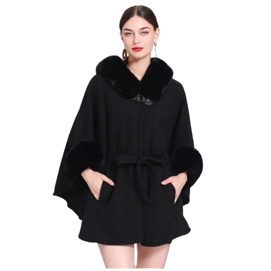 3 Colors Winter Warm Faux Woolen Poncho Belt Cape Women Rabbit Fur Big Batwing Sleeves Loose Long Cloak Coat With Hat