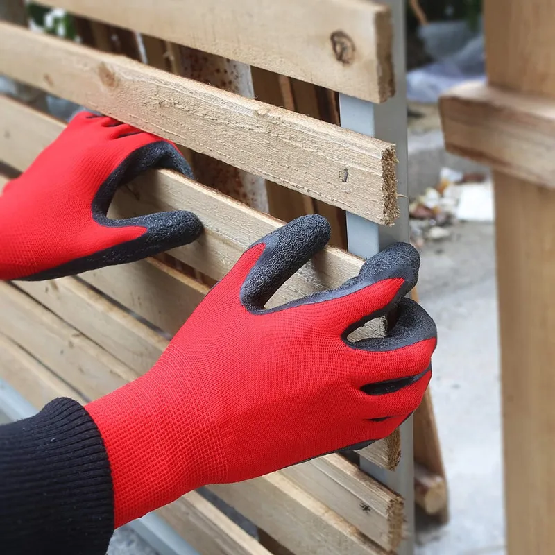 Construction Worker Gloves Red Nitrile Latex for Warehouse Assembly Abrasion Resistant Black Latex Coated Safety Work Gloves