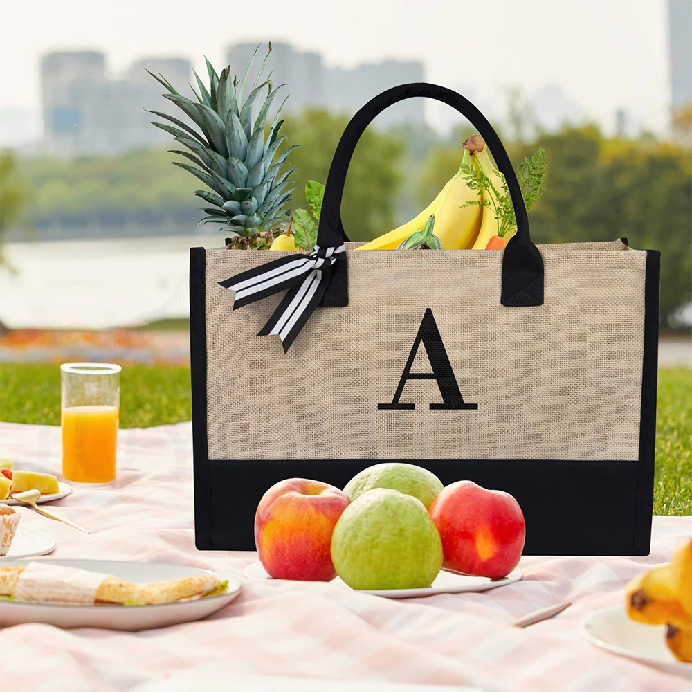 High Quality Durable Waterproof Personalized Initial Canvas Beach Tote Bag Monogrammed Gift Tote Bag For Women College Shopping