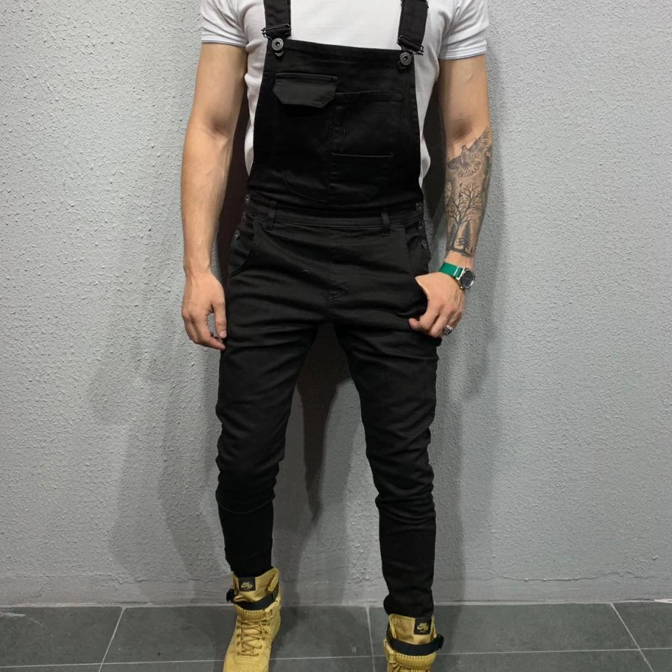 New Design Fashion Skinny Denim Jumpsuit Men Jeans Trousers Black Suspenders Overalls Men Jeans