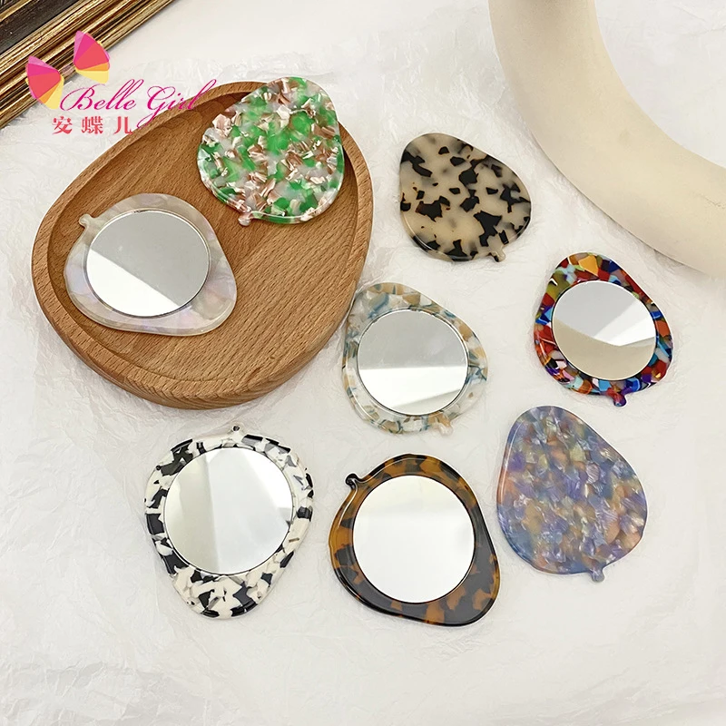 BELLEWORLD Custom LOGO tortoise acrylic acetate mirror creative leaf-shaped hand held pocket makeup mirrors
