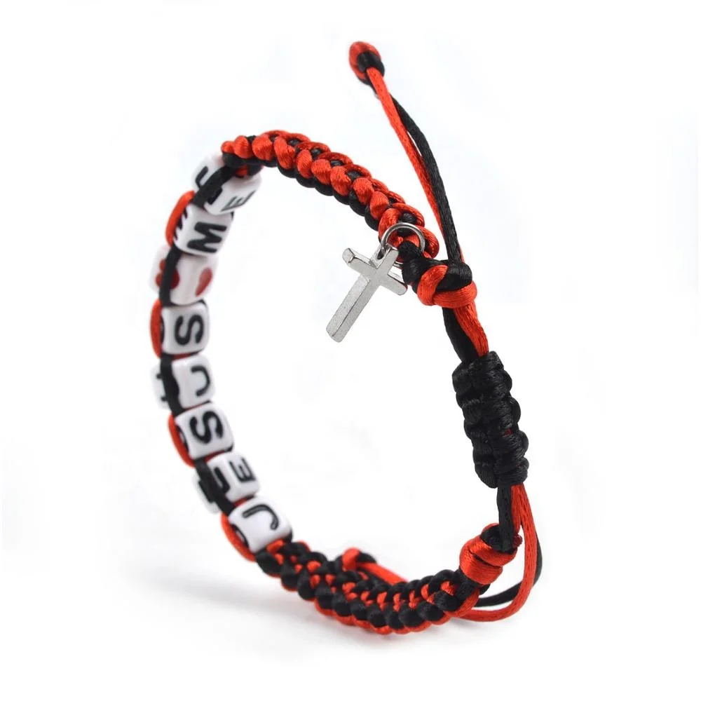 Jesus Love Me Plastic Beads Catholic Religious Cross Cording Bracelets Adjustable Hand Woven Bracelet
