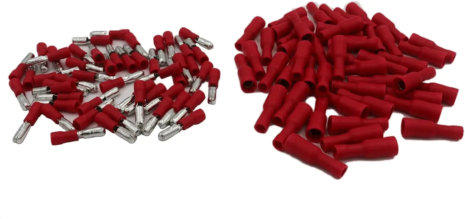 100x Red Bullet Connector Insulated Crimp Terminals for Electrical & Audio Wiring - 50x Female and 50 x Male
