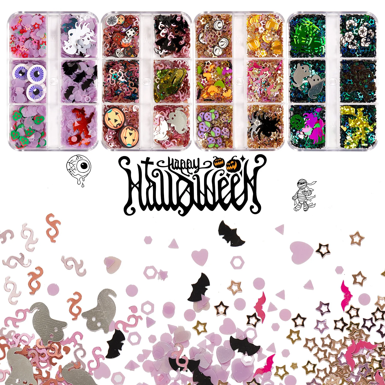 EYL 6grids Box Halloween Polymer Clay fimo silces sprinkles Nail Polish Gel nail sequins for DIY nail art decoration