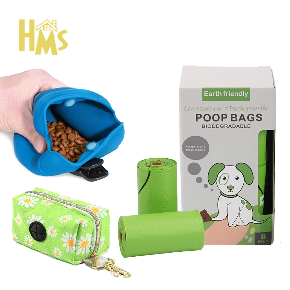 HMSportable led flashlight retractable dog leash poop bag dispenser hook kucing leashes plastic packaging with poop bag bags