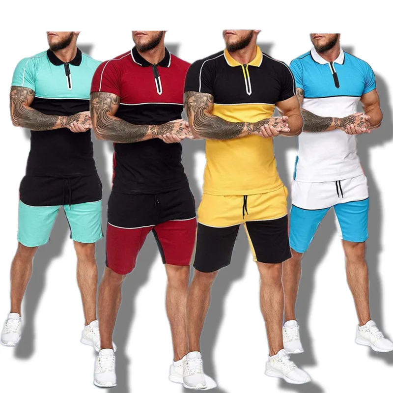 Hellosport Summer Plus Size Streetwear Patchwork Short Joggers Tracksuit Suits Two Piece Shirt And Shorts Sets For Men