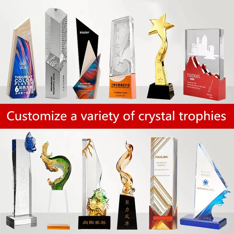 Customized K9 Crystal Trophy Personality metal trophy Crystal medal with wooden base Gift box packing Wooden trophy