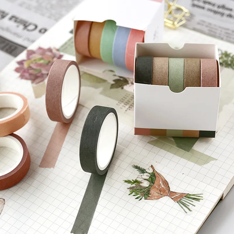 5 Pcs/Set Cute Washi Tape Solid Color Masking Tape Decorative Adhesive Tape Sticker Scrapbooking Planner Stationery