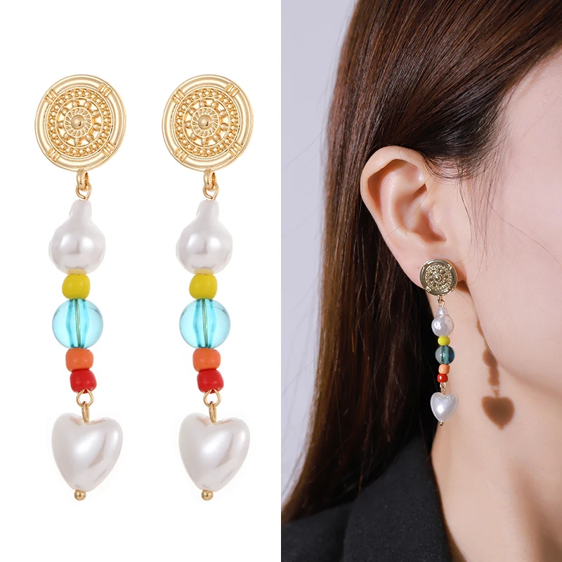 2022 Spring Summer Paper clip Chain Pearl Necklace Drop Pendant Earring Bracelet Set Seed Beads Pendant Gold jewelry set