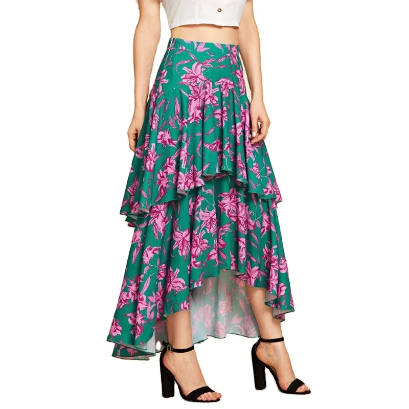 Tiered Layer Floral Print Asymmetrical Satin Maxi Skirt Women High Low Hem Dancing Party Skirt