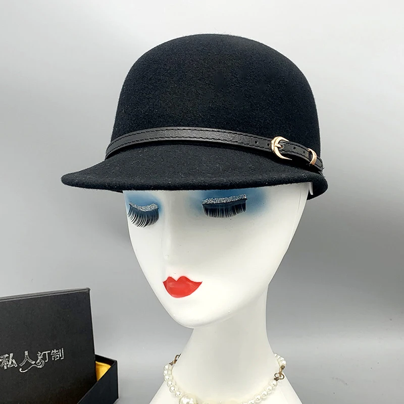 Hot Sale Horse Riding Hats Retro Trendy Dome Bucket Hats Plain Color Belt Wool Warm Top Adjustable Felt Fedora Hats