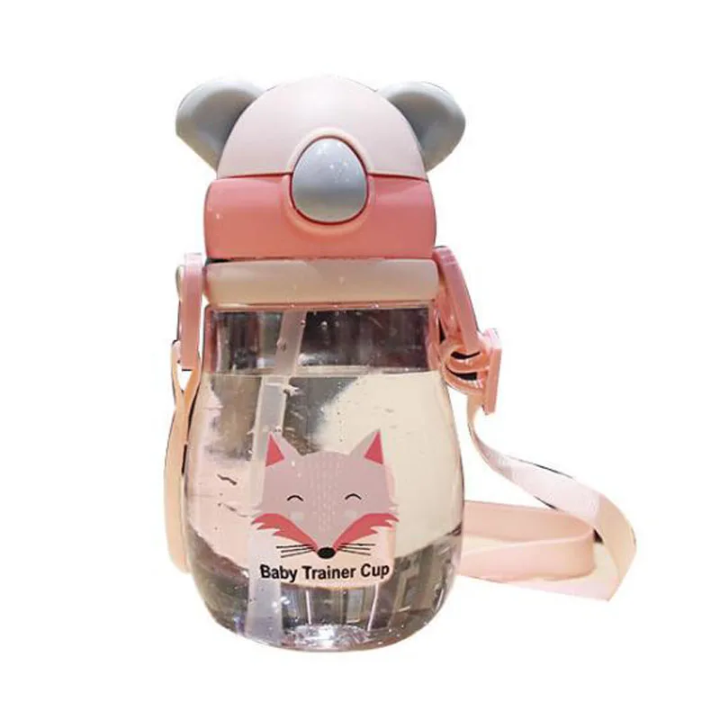 
2020 New Arrival Baby Plastic Water Bottle Cartoon Pattern Kids School Drinking Water Cup with Straw and Rope 16OZ 