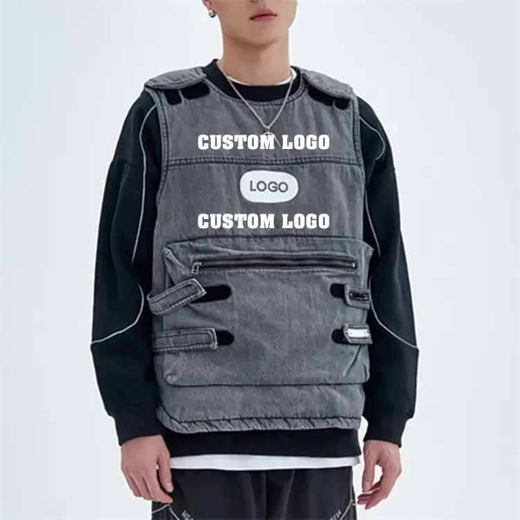 Factory wholesale custom printing casual loose pullover magic tape cargo jeans work washed denim vest for men