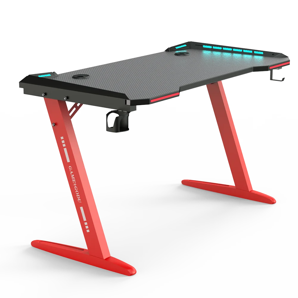 Large Z-Shaped Gaming PC Desk with Carbon Fiber Desktop and RGB Light for Gamer, Cup Holder, Headphone Hook