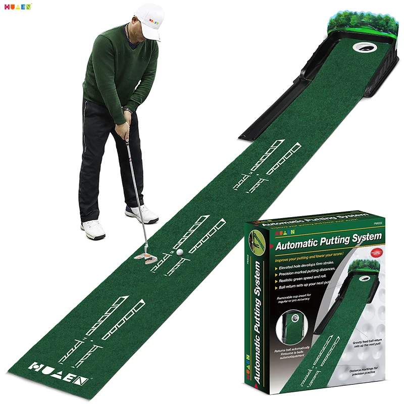 ACCELERATOR PRO - Indoor Golf Putting Mat & Behind-the-Hole Ball Collector - Putter Alignment Guides at 3, 5 & 7 Feet