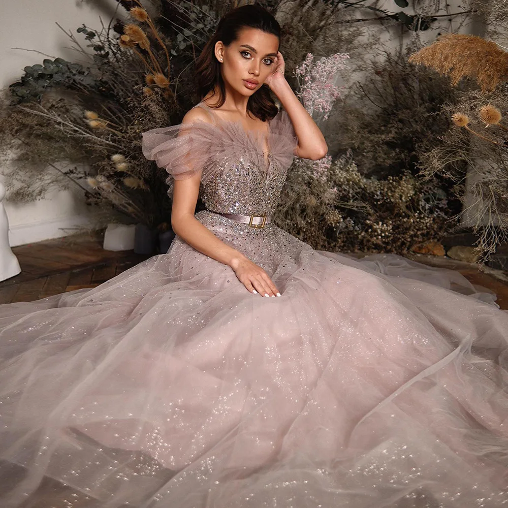 Luxury Dubai Bling Pink Evening Dresses with Belt Off Shoulder Blue Arabic Women Elegant Wedding Party Gowns SCZ002-1